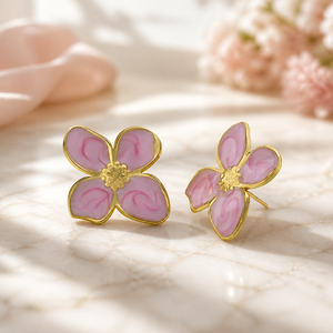 Pendientes de botón de flor de acero inoxidable dorado de 22 mm al por mayor, con cuatro pétalos, esmalte marmoleado, efecto goteo de aceite, <span class=keywords><strong>rosa</strong></span> y azul, joyería floral para mujer - Product Image 1