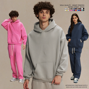 2024 mới đến quá khổ fleeced của nam giới Hoodies & Jogger thiết lập thẳng chân Sweatpants Boxy phù hợp với không có dây rút unisex Hoodies thiết lập - Product Image 5