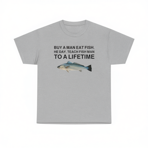 Divertente maglietta con meme: Acquista una maglietta grafica con stampa 'A Man Eat Fish Teach Fish Man To A Lifetime', unisex, per abbigliamento casual. - Product Image 2