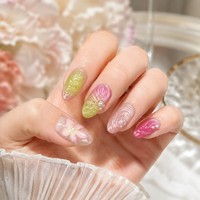 Set Perlengkapan Kuku Palsu Almond Reusable Press On Nail Art Grosir Y65 Factory, Warna Hijau Pink Bunga