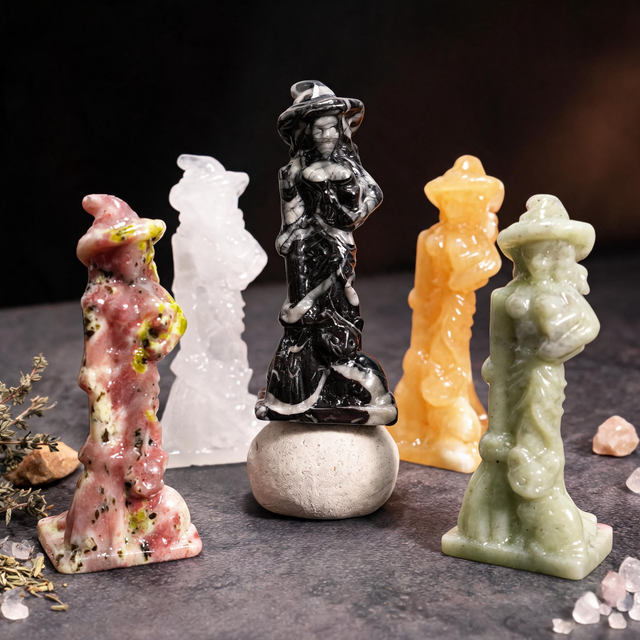 Wholesale Natural Crystal Decor Hand Carved Witch Figurines High Quality Crystal Crafts Halloween Gift Decoration