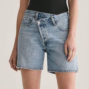 Kadınlar için OEM yüksek bel çapraz bel kot şort düz gevşek Fit nefes yıkanmış yaz rahat tarzı özel Logo Vintage - Product Image 1