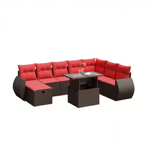 Brown Poly <b>Rattan</b> Garden <b>Sofa</b> Set With Cushions 9 Piece Outdoor Furniture Contemporary Design For Garden Seating Capacity 6 - Product Image 1