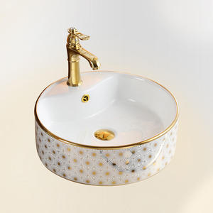 Lavabo Redondo de Porcelana con Patrón Decorativo Moderno para Hotel, Lavabo de Baño con Recubrimiento Electrolítico Dorado - Product Image 1