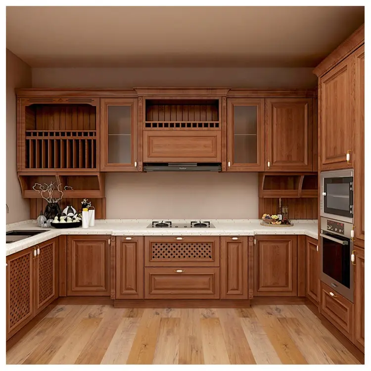 Custom Chinese New Kitchen Furniture Cabinet Walnut Wood Kitchen Cabinets for Sale