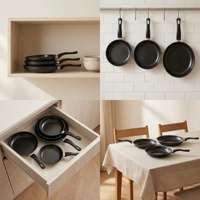 Poêle à frire classique antiadhésive à âme en fonte, lot de 3 tailles, poignée en plastique résistante à la chaleur, compatible gaz et induction, nettoyage facile, pour cuisine domestique