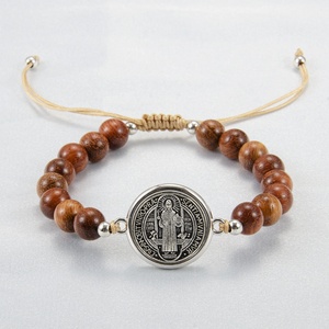 Pulsera Religiosa Católica con Rosario, Cuentas de Madera para Oración, Colgante Circular de Aleación con <span class=keywords><strong>Cruz</strong></span> de <span class=keywords><strong>San</strong></span> <span class=keywords><strong>Benito</strong></span>, Regalos Religiosos - Product Image 5