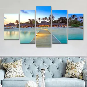 Custom HD Printed 5 Pieces Sea Bridge Palm Trees House Seascape Pictures Modular Prints wall art painting canvas modern