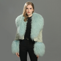 Manteau court en laine à col en fourrure mongole pour femme Veste d'hiver courte pour femme avec col en fourrure d'agneau mongol