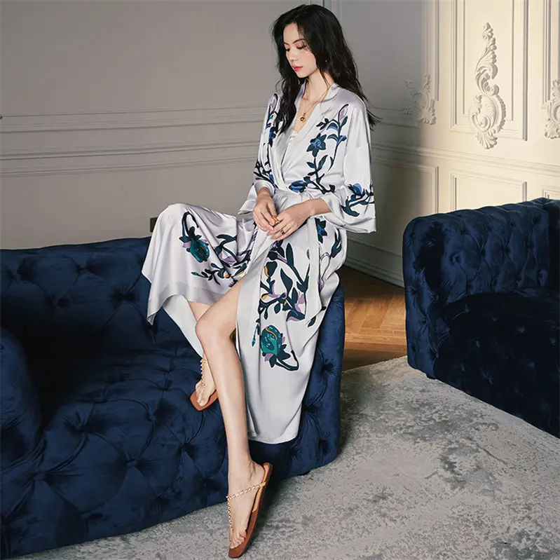 Luxury Style Women's Nightdress robe Long Elegant Ice Silk Sleepwear Deep V Sexy Nightwear Nightgown bathrobe dressing gown