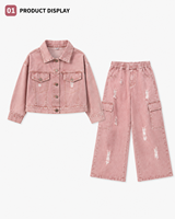 Conjunto de Chaqueta Vaquera Rosa y Jeans Anchos Rotos para Niñas Grandes 2026, Pantalones Cargo Lavados, 2 Piezas, Atuendo Urbano Moderno para Adolescentes