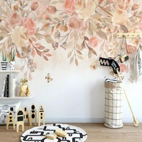 Papier peint mural auto-adhésif floral rose poudré en gros, taille personnalisée, décoration murale botanique romantique pour chambre et salon