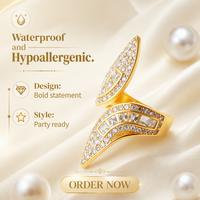 Bague de luxe double feuille en acier plaqué or 18 carats, pavée de zircone cubique, pour femme, bijou de mode pour cocktail et soirée