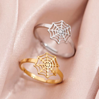 X338 Vente en gros Nouvelle bague ouverte réglable en acier inoxydable plaqué or, motif toile d'araignée, style Gothique Punk Halloween, Bijou Cadeau pour Fête