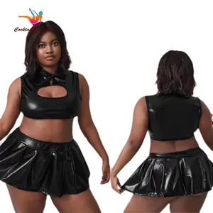 Lingerie sexy de pu para mulheres, roupa íntima preta plus size, conjuntos de lingerie com gola e vazado, com logotipo personalizado