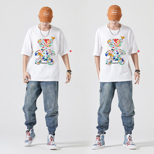 Nuovo estivo fiore di cotone <span class=keywords><strong>mare</strong></span> orso ricamato a mezza manica coppie allentate a maniche corte t-shirt uomo - Product Image 3