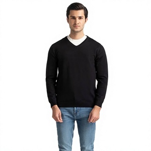 Pull en tricot à col en V noir pour homme, manches longues, couleur unie, style automne, coupe classique - Product Image 1