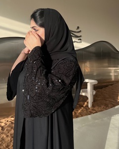 Elegant Black Polyester Abaya Sparkly Sequin Floral Design V Neck Ankle Length <strong>Summer</strong> Modest Islamic Dress Dubai <strong>Kaftan</strong> Matching - Product Image 3