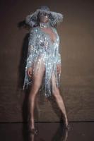 Vêtements pour femmes Sexy argent Stretch profond V longues franges Sequin combinaison gland body chanteur danse fête scène Costume