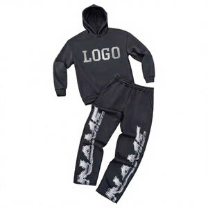 Wholesale 100% Cotton Winter <b>Velour</b> Heavyweight Crocheted Streetwear Hoodie Jogger Set Custom Unisex <b>Sweatshirt</b> Sweatpants - Product Image 1