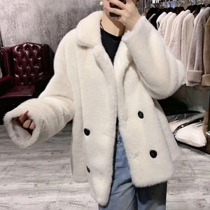 Elegante Abrigo de Piel Sintética de Visón Crema para Mujer, Chaqueta de Invierno con Doble Botonadura, Cuello Vuelto, Gruesa y Cálida - Product Image 3