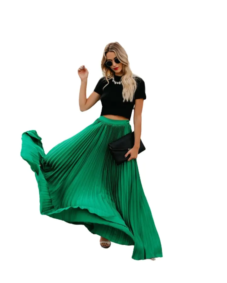 2020 New Arrival Women's Bohemian Style Elastic Waist Band pleated Long Maxi Skirt Dress