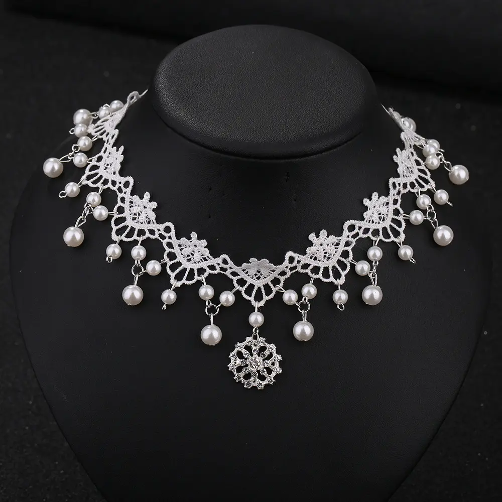 Bride Korean Version White Lace Flash Diamond Necklace Simple Fairy Pearl Collar Pearl Lace Choker