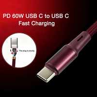 Câble USB-C mâle-mâle 60W à charge rapide, tressé en nylon rouge bordeaux, pour téléphones mobiles