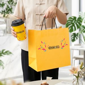 Custom Logo Print Eco-Friendly Recyclable Kraft Paper Bag with Handle Coffee Indian Restaurant Food Catering Takeaway Packaging - Product Image 2
