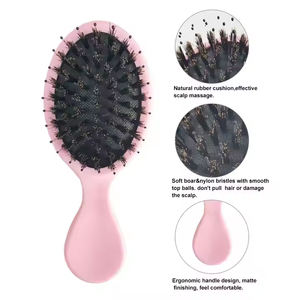 Commercio all'ingrosso OEM ODM Logo personalizzato tasca da viaggio in plastica massaggio cinghiale in Nylon Mini spazzola per capelli rosa spazzola per capelli rotonda - Product Image 6