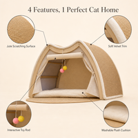 Lit pour chat en bois, dôme arqué, maisonnette pour chat, tente à gratter en jute, coussin amovible, jouet, meuble d'intérieur pour animaux de compagnie