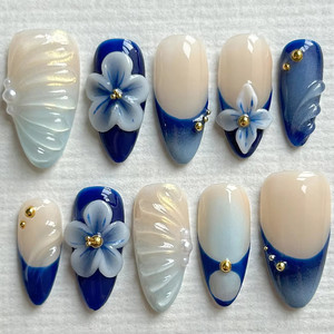 Màu Xanh Pháp Tip Báo Chí Trên Móng Tay Hoa Vừa Almond-3D Hoa Handmade Khỏa Thân-Salon Gel Acrylic Toàn Bộ Tái Sử Dụng - Product Image 2