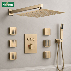 Conjunto de grifería termostática empotrada de lujo para ducha, montaje en pared, cabezal de lluvia cuadrado, mezclador de latón, acabado dorado cepillado, 6 chorros de cuerpo. - Product Image 1