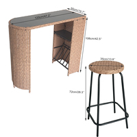 Ensemble table et tabourets de bar en rotin, comptoir de bar en verre trempé avec porte-bouteilles pour hôtel, balcon, terrasse - Fourniture en gros