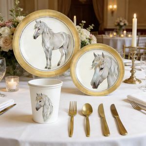 Lanweier <strong>2026</strong> Luxury Gold Plated Horse Year Style Disposable Paper Wedding Party Camping Complete Tableware Set Customizable - Product Image 1