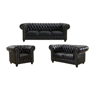 Vintage European Livingroom Leather Sofaチェスターフィールドソファ1 + 2 + 3 Sofa Set Loveseats