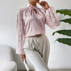 Thời trang thanh lịch dài tay áo Áo sơ mi áo sơ mi áo y blusas Para mujer satin Jacquard lãng mạn ren cổ áo phụ nữ áo thun Tops - Product Image 6