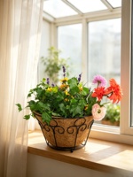 Panier à plantes en ciment noir, design sculpté, doublure en fibre de coco, style américain, pot de fleurs décoratif sculpté à la main pour la maison et le jardin