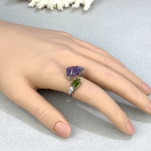 Anello Minimalista Placcato <span class=keywords><strong>Argento</strong></span> con Doppia Pietra, Stile Bohemien, con Cristalli Grezzi di Ametista, Citrino e Acquamarina, per Matrimoni, Feste e Uso Quotidiano - Product Image 4