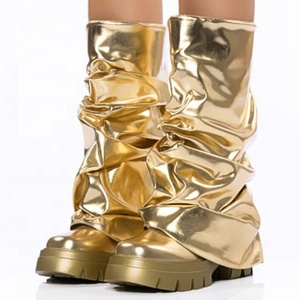 on Pleated Upper Pants Ankle <b>Boots</b> Low Square Chunky Heels Flat Shoes Women Thick Sole Overlay Mid Calf Short <b>Boots</b> - Product Image 3