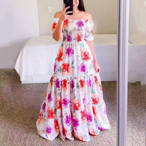 Mode dames longue été une épaule robe florale femmes vêtements Textile robes décontractées femmes Maxi robes - Product Image 1