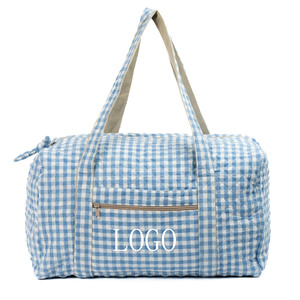Sac de voyage matelassé <span class=keywords><strong>en</strong></span> coton à rayures bleues pour femme, grand sac fourre-tout à carreaux bleus, sac de voyage de nuit - Product Image 1