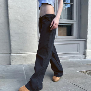 Women <b>Drawstring</b> Straight Leg Pants Pocket Detail Woven <b>Trousers</b> Solid Color Casual Loose Fit Long Pants - Product Image 3