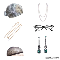 Ensemble d'accessoires de costume pour femme âgée PESENAR Perruque grise Collier de perles Lunettes Boucles d'oreilles Filet à cheveux