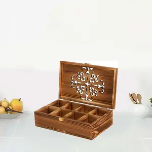 Wooden Tea Bag Storage Box With Carved Lid 8-Compartment Tea Chest Organizer Spice Packets Container For Living Room Kitchen