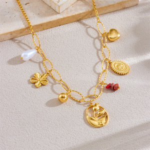 Gold Plated Stainless Steel Flower Oval Pendant Chain Necklace For Party Fashion Jewelry - Product Image 2