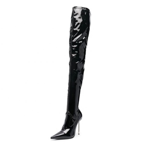 Sexy Metal Slim Heels Women's Skintight Over Knee <b>Boots</b> Pointed Toe Patent Stiletto Long Booties Thigh High Shoes - Product Image 4