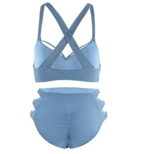 Custom Glitter High Waisted Bikini Set Cross Back Shiny Blue <b>Swimwear</b> Women Two <b>Piece</b> Swimsuit OEM Manufacturer - Product Image 2