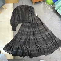Nouveauté printemps, ensemble de deux pièces pour femme, chemise à manches bouffantes en dentelle française de couleur unie et jupe longue