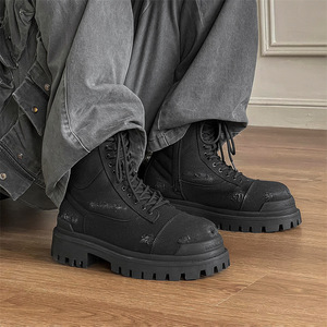 Botas de Motociclista de Mezclilla Negras de Caña Alta con Suela Gruesa, Estilo Desierto, Desgastadas y con Efecto Polvoriento, Nuevo Estilo Otoño-Invierno 2026 - Product Image 4